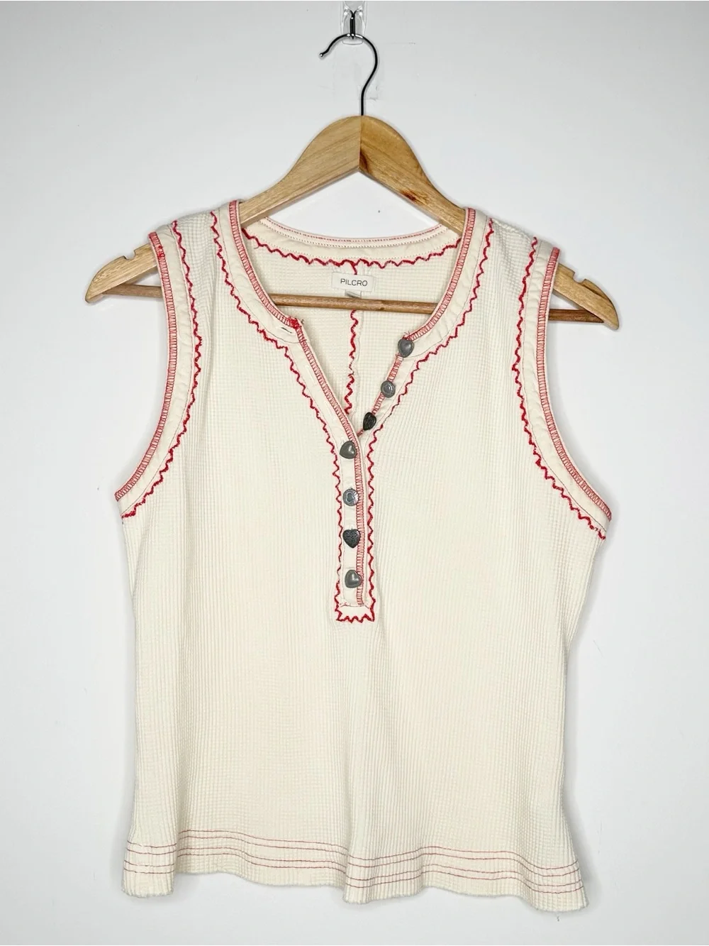 Pilcro Embroidered Heart Button Henley Tank Top Cream Size M - Picture 3 of 9